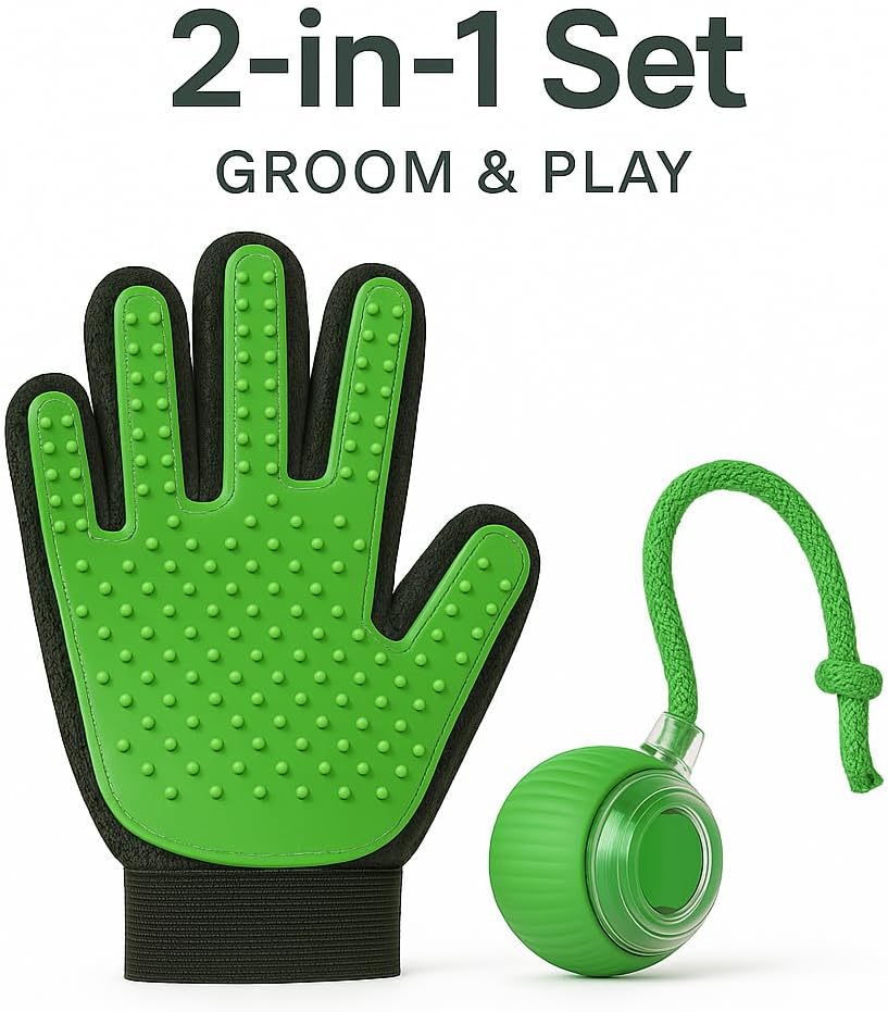 Pet Grooming & Play Set for Cats & Dogs | Smart Ball Toy & Deshedding Glove | Keeps Pets Active & Reduces Shedding