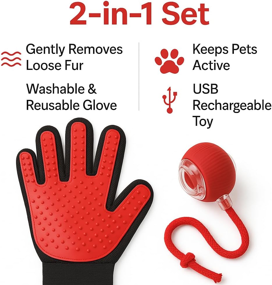 Pet Grooming & Play Set for Cats & Dogs | Smart Ball Toy & Deshedding Glove | Keeps Pets Active & Reduces Shedding